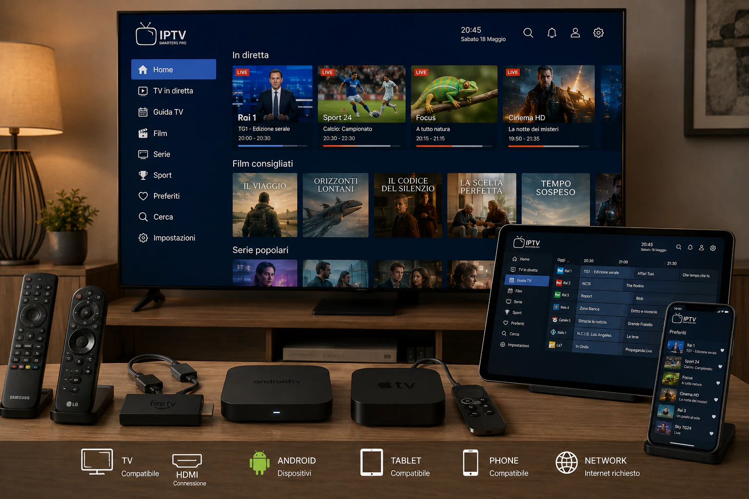 Smart TV, streaming stick, box, tablet e smartphone compatibili con un’app IPTV