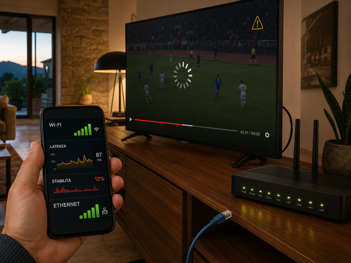 Smart TV in buffering con router e diagnostica di rete su smartphone