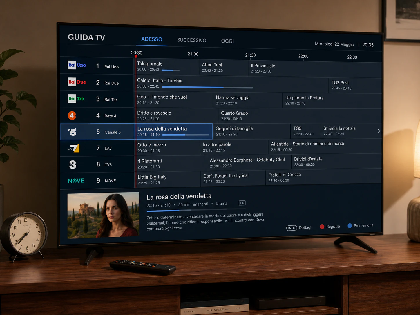 Guida TV elettronica su Smart TV con griglia oraria, orologio e telecomando