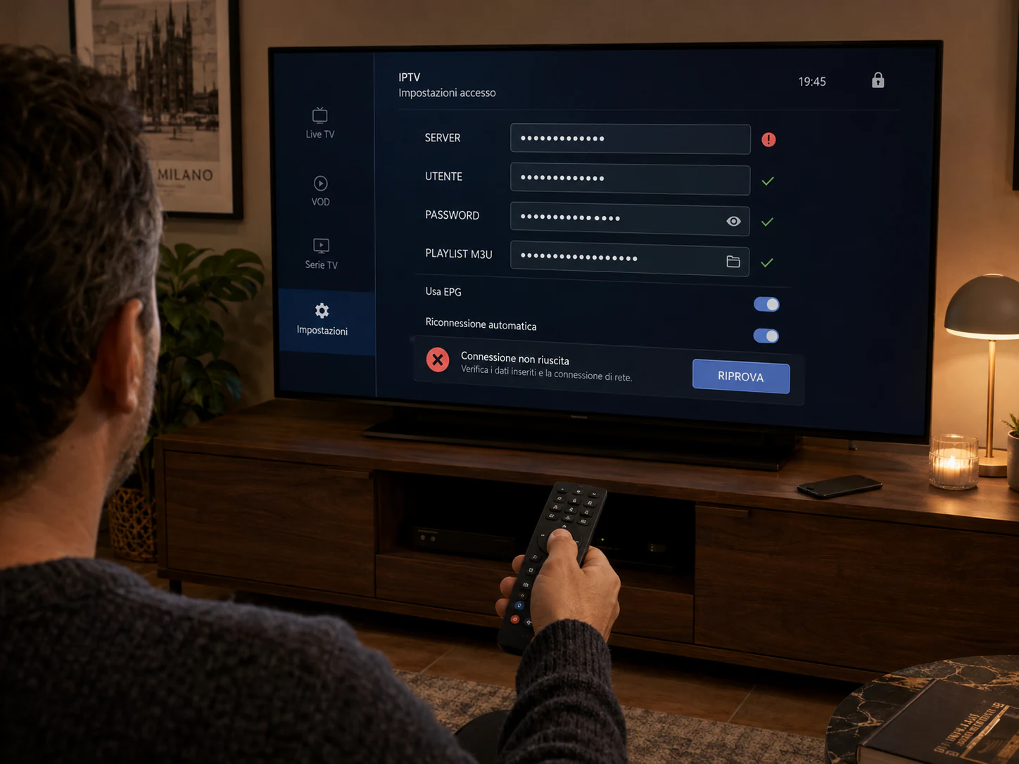 Configurazione IPTV con credenziali mascherate e avviso di connessione