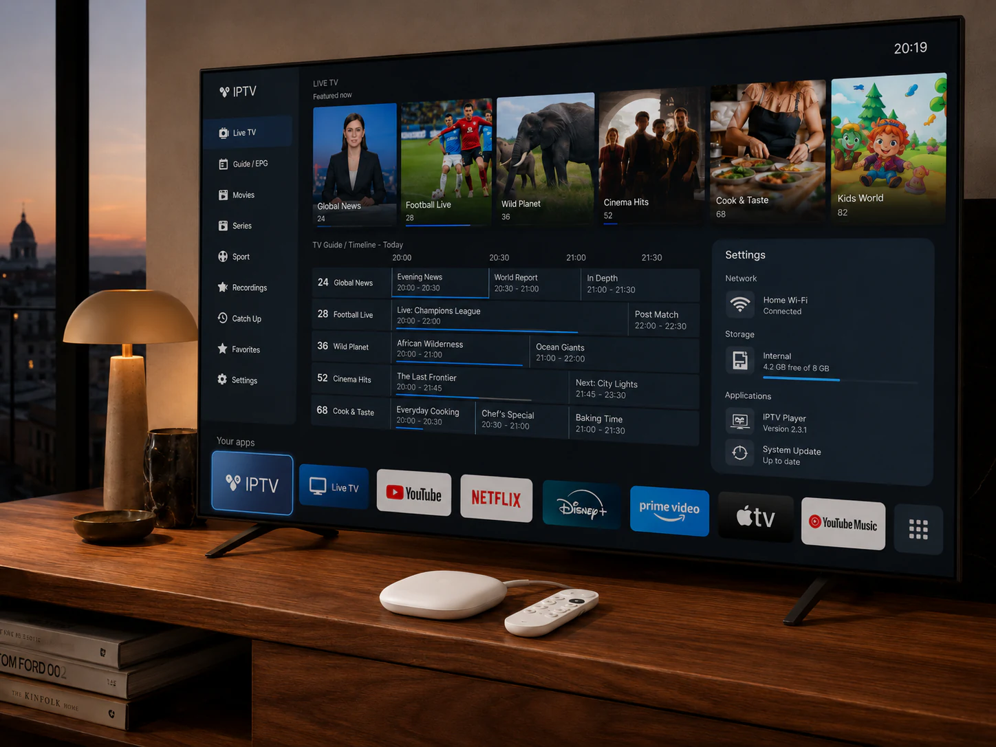 Box Android TV collegato a una Smart TV con interfaccia IPTV