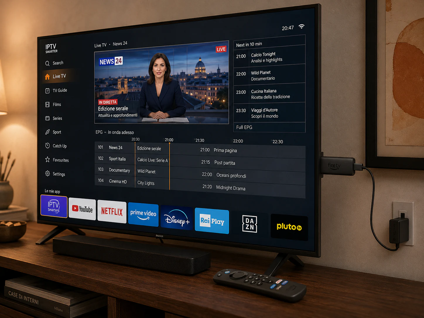 Fire TV Stick collegata alla porta HDMI di un televisore con telecomando