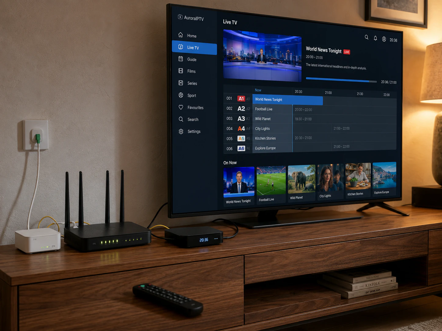 Router in fibra, media player e Smart TV collegati in un salotto italiano