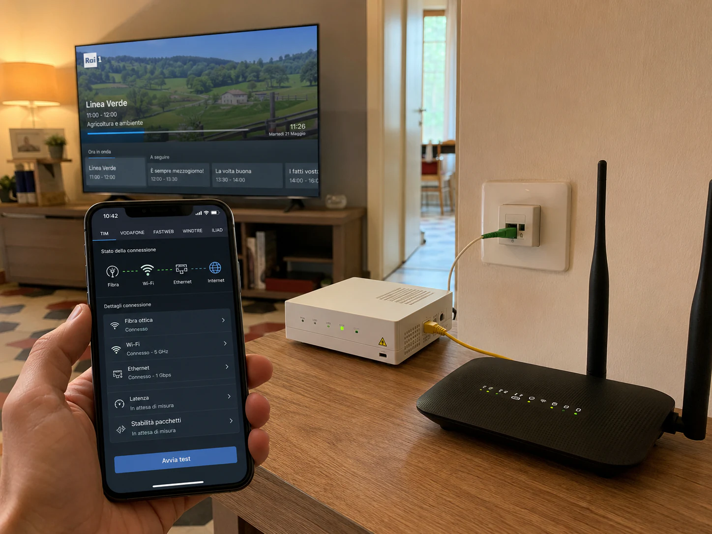 Router in fibra e smartphone con test della connessione Internet domestica