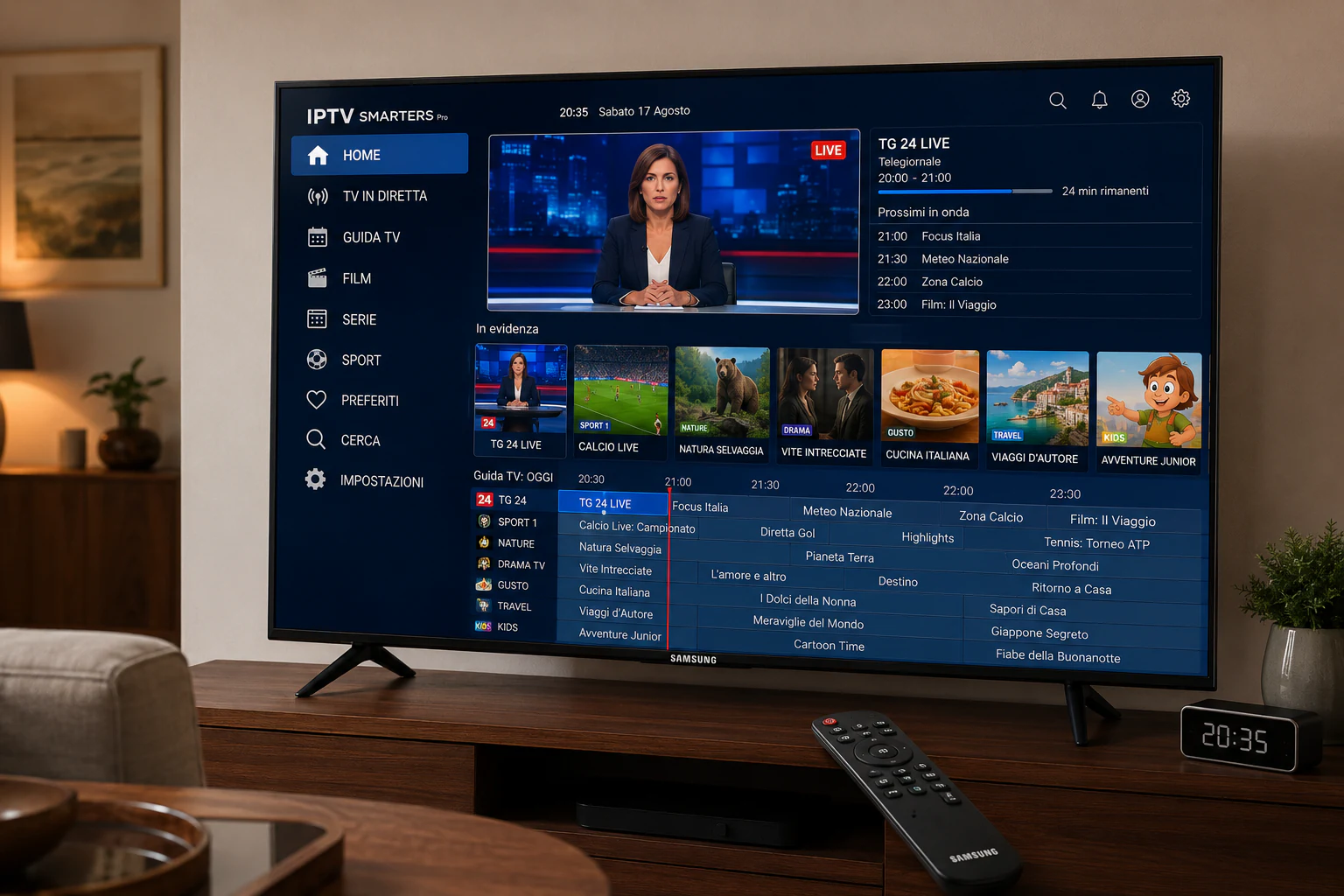 Smart TV Samsung con applicazione IPTV aperta e telecomando