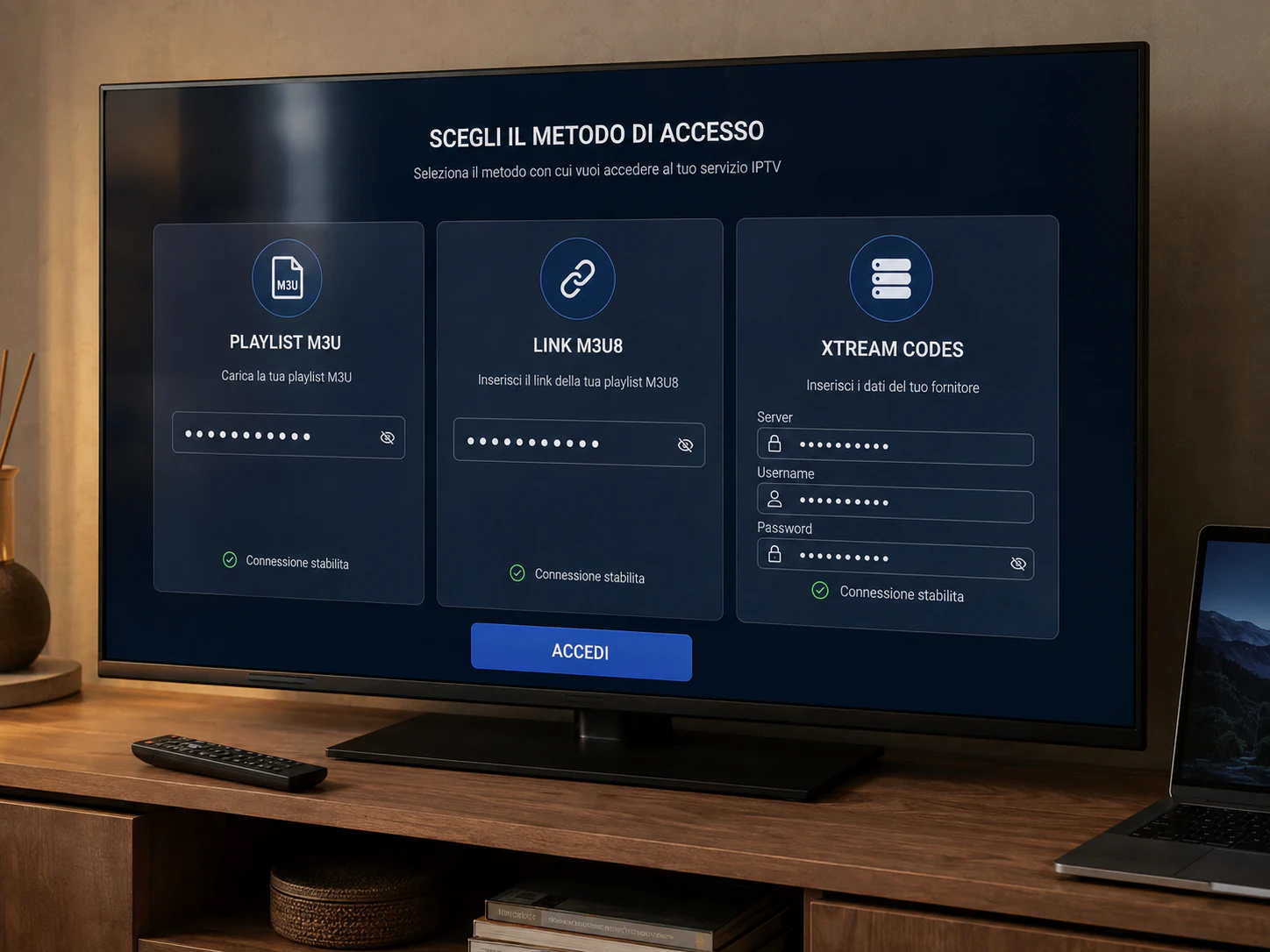 Smart TV con scelta tra playlist M3U, collegamento M3U8 e accesso Xtream Codes