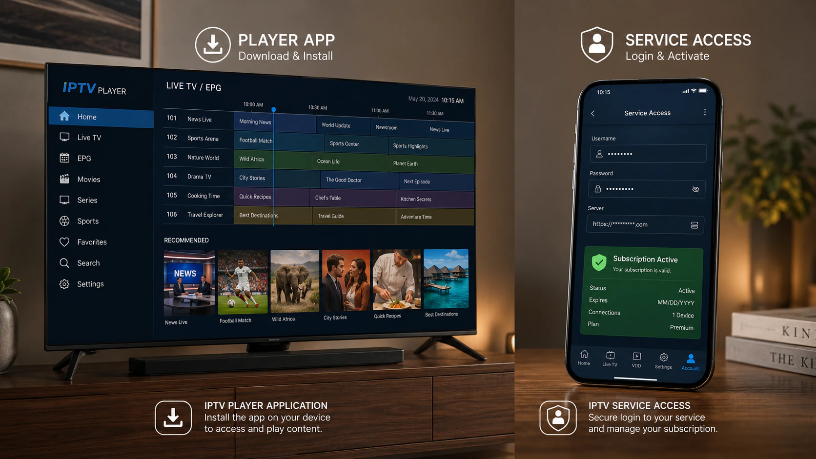 Smart TV con interfaccia IPTV e smartphone su una schermata di accesso protetto