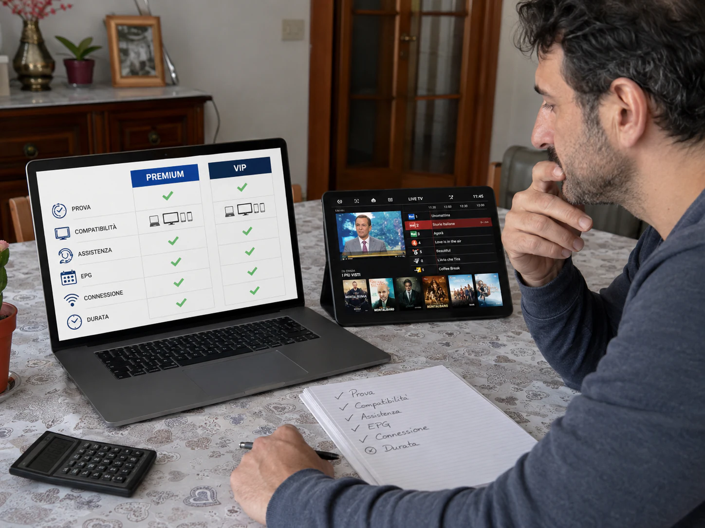 Persona che confronta servizi IPTV su laptop con checklist e calcolatrice