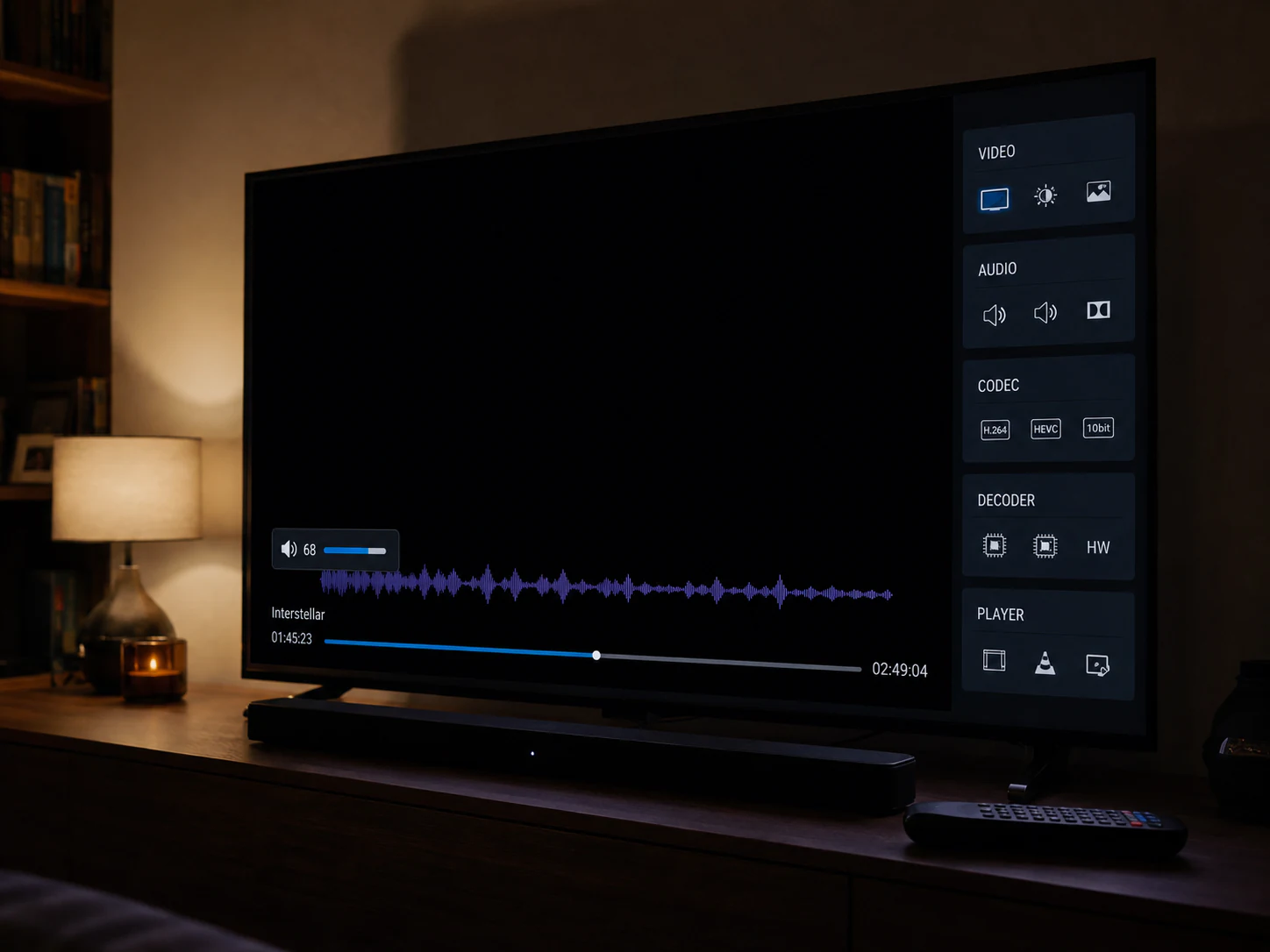 Smart TV con schermo nero, audio attivo e pannello delle impostazioni codec