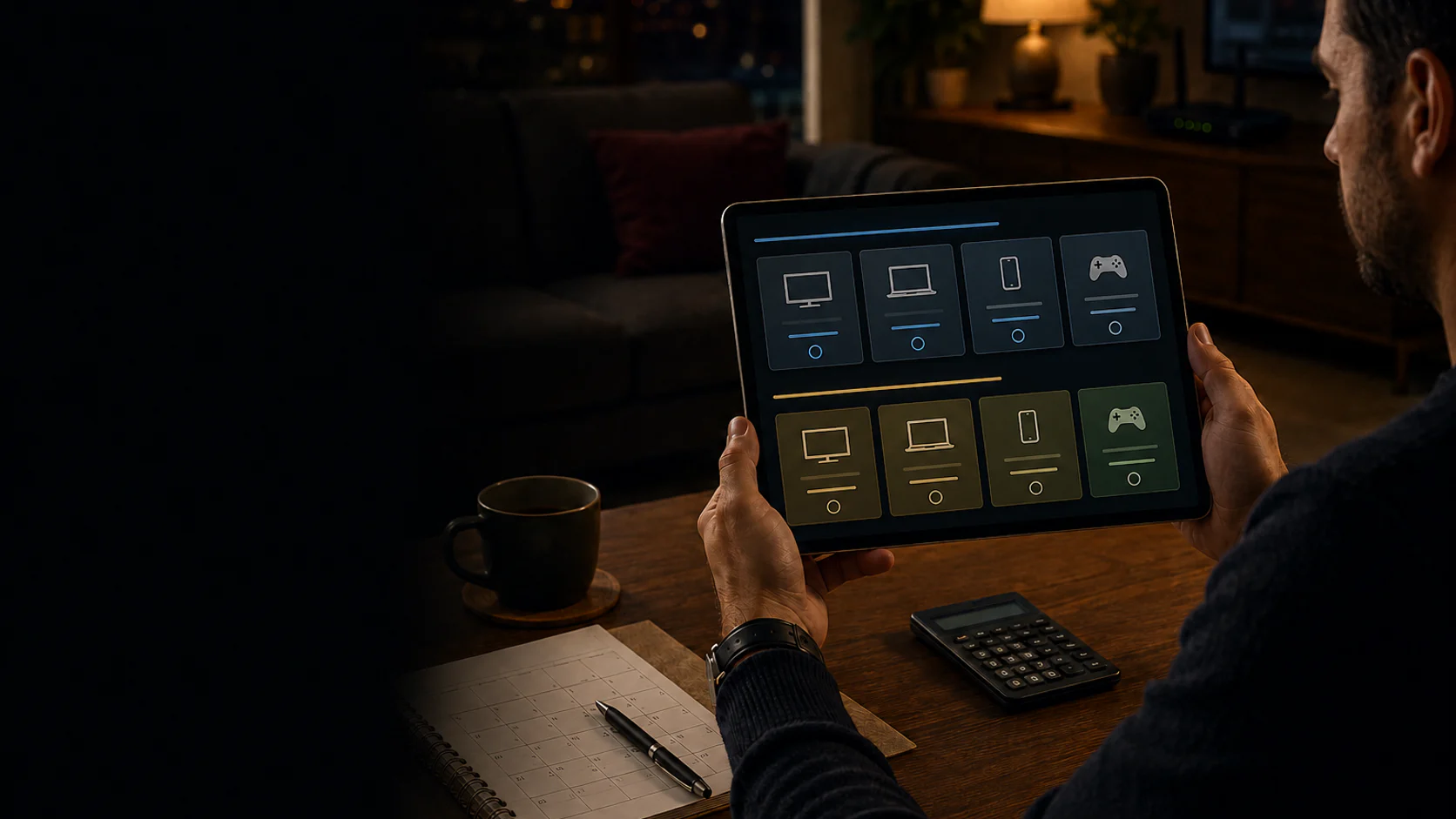Confronto visuale di due gruppi di opzioni IPTV su tablet, con calcolatrice e calendario