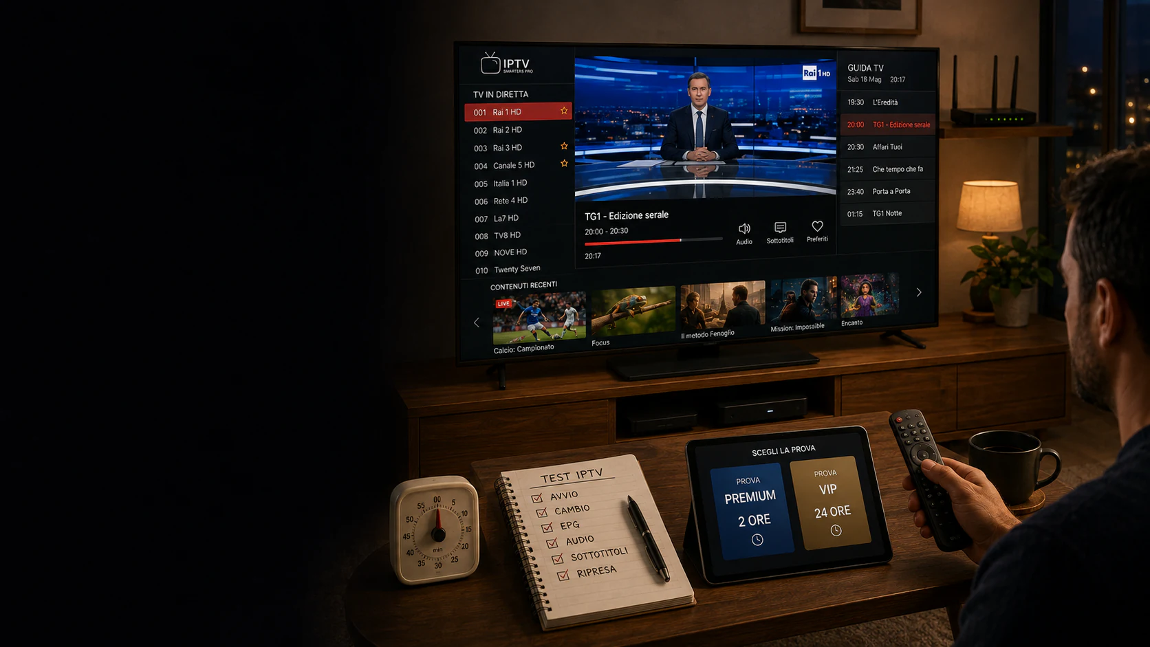 Prova IPTV su Smart TV con telecomando, timer e controllo della rete domestica
