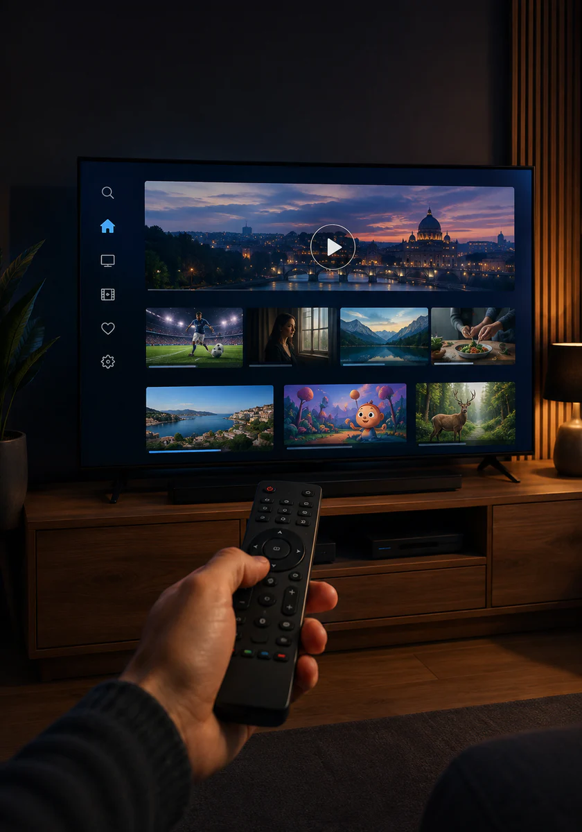 Avvio di un player IPTV su Smart TV con telecomando in primo piano