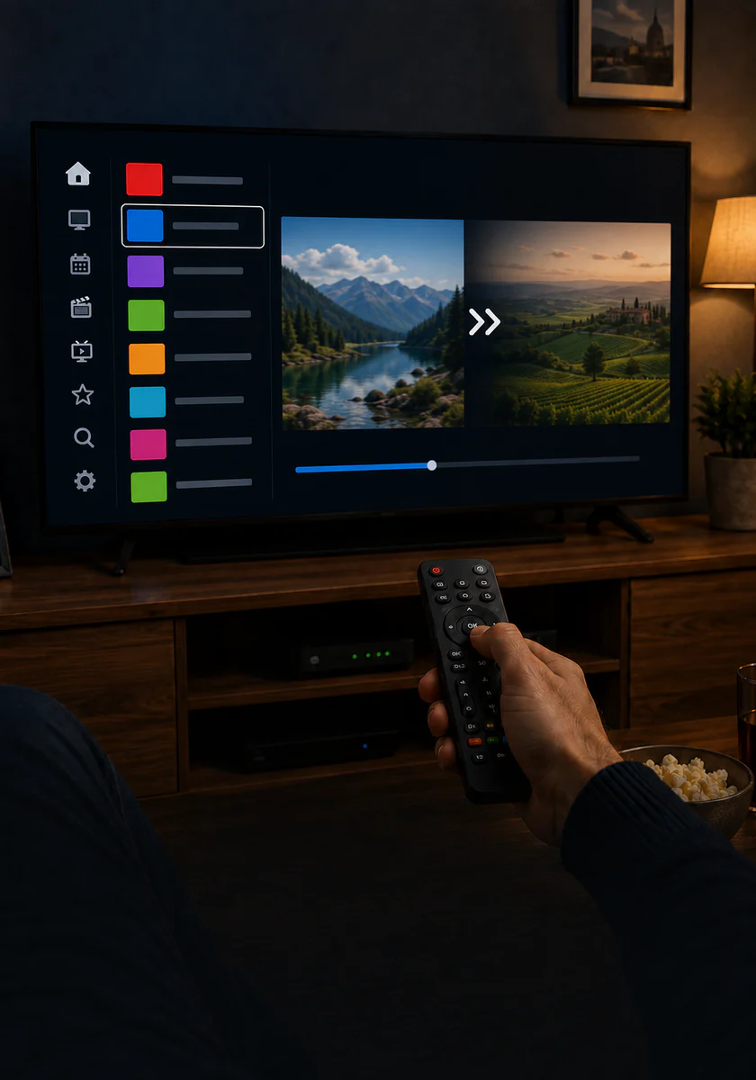 Cambio rapido tra contenuti IPTV con telecomando e Smart TV