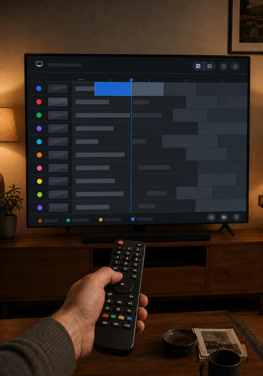 Guida TV elettronica con griglia oraria astratta e programma corrente evidenziato