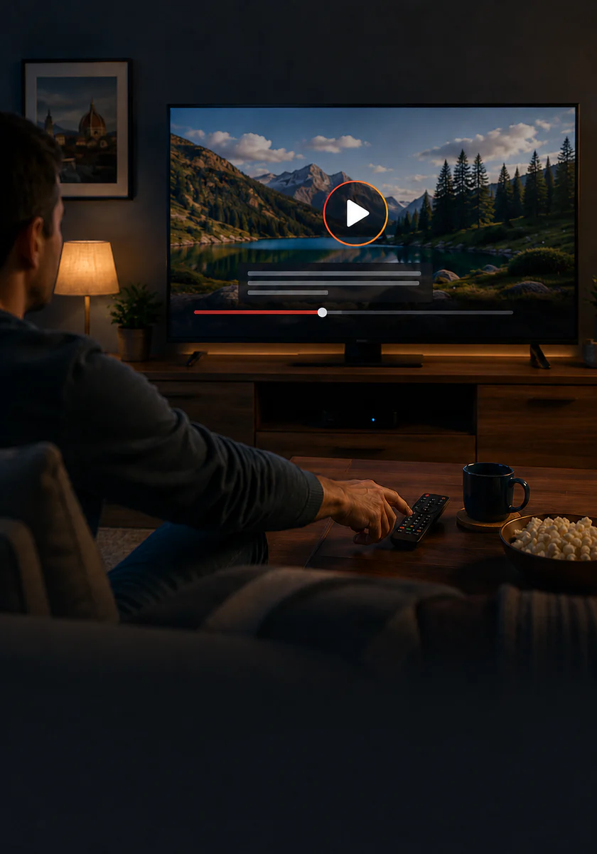 Ripresa della visione IPTV dal punto interrotto in un salotto domestico