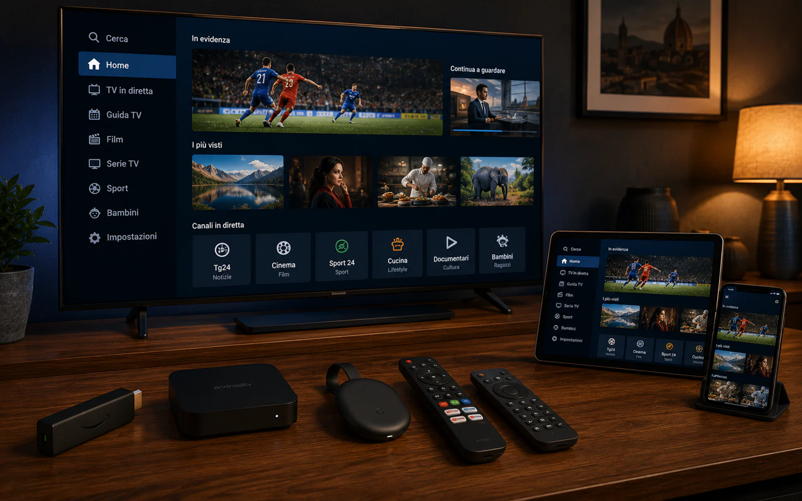 Smart TV, box multimediale, stick HDMI, tablet, smartphone e telecomandi pronti per un player IPTV