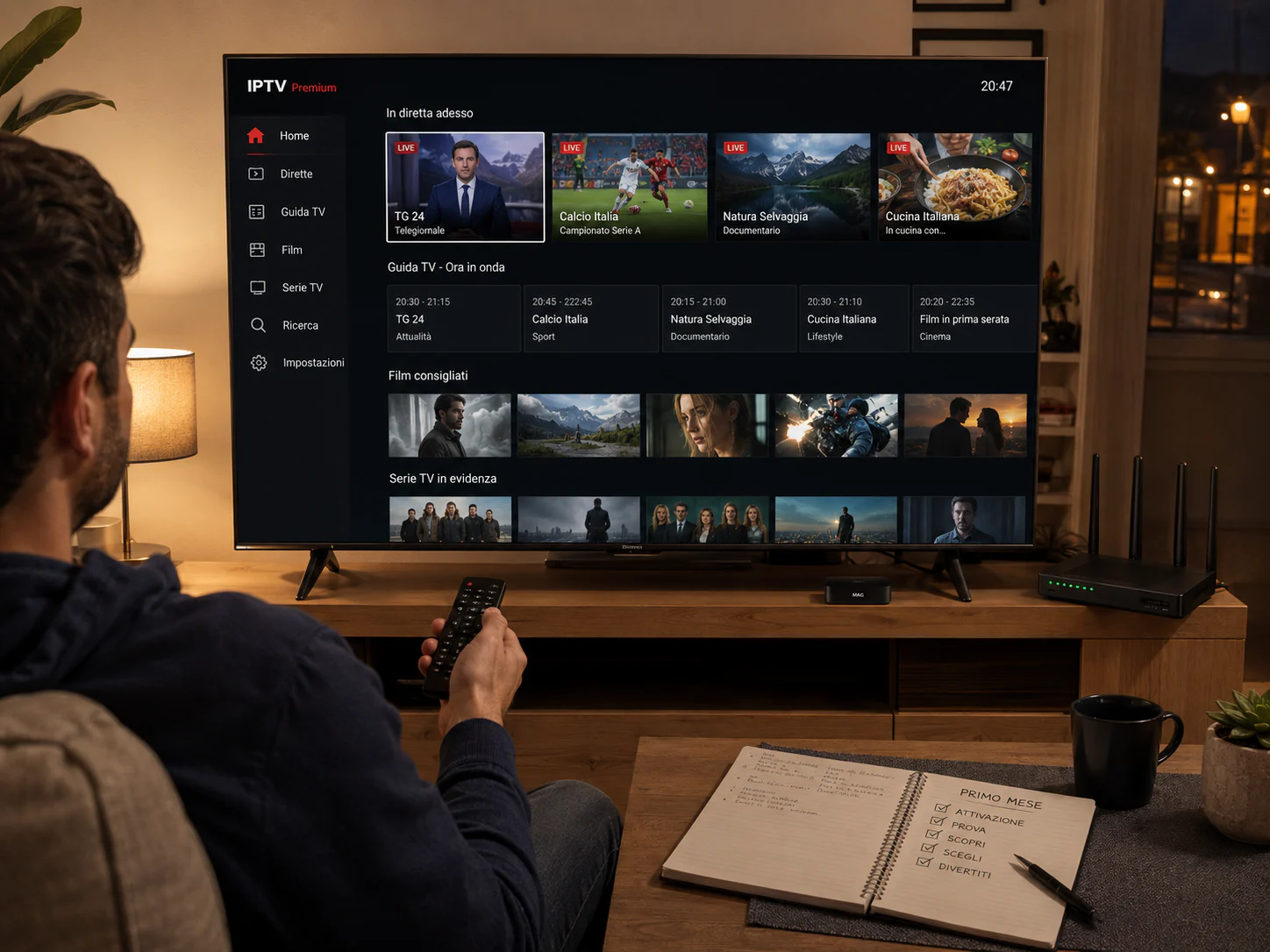 Piano IPTV Premium di un mese valutato su Smart TV con telecomando e appunti