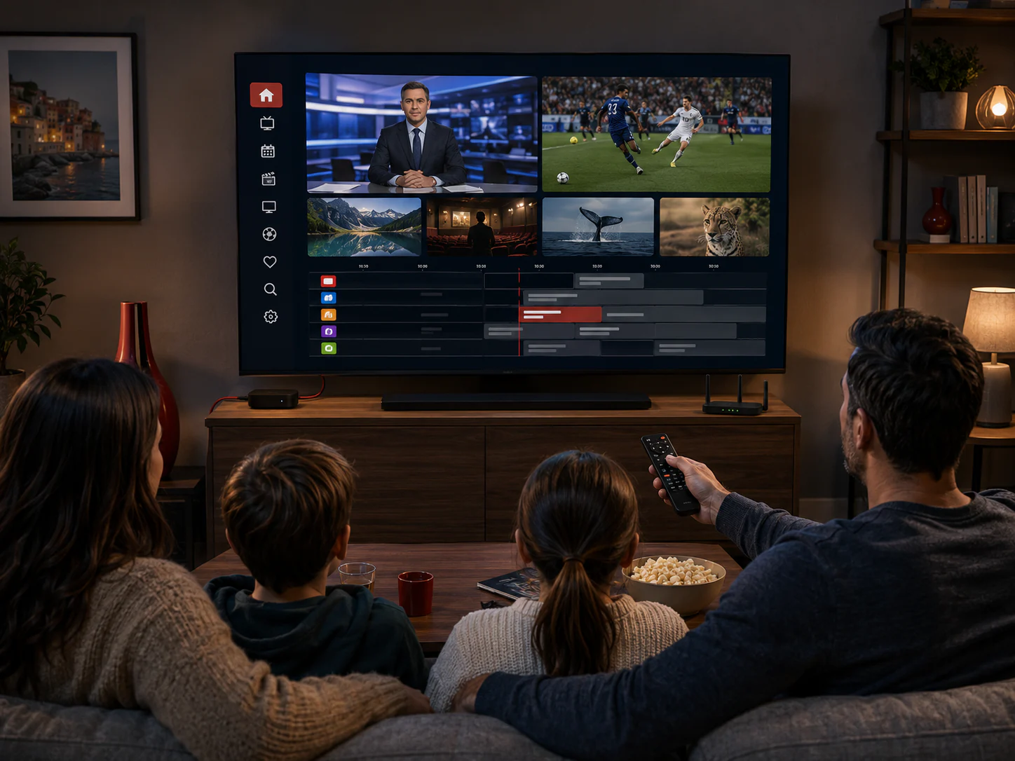 Famiglia che guarda una Smart TV configurata con il piano IPTV Premium di dodici mesi