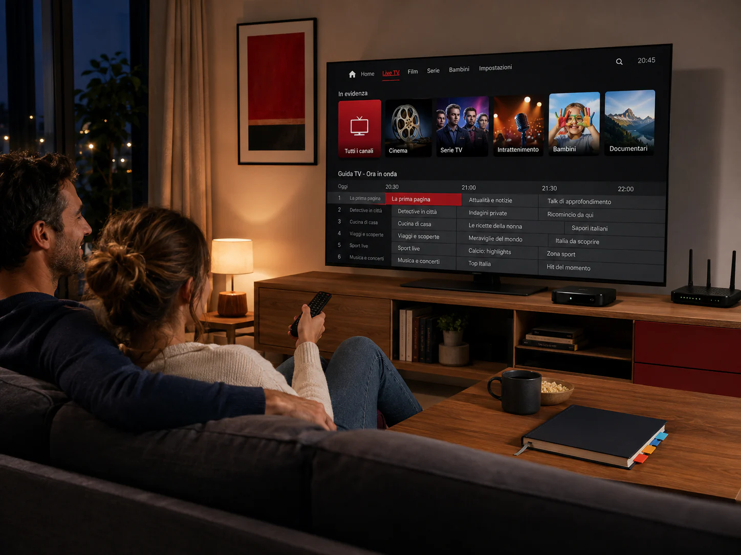 Coppia che utilizza un piano IPTV Premium di tre mesi su Smart TV nel salotto di casa