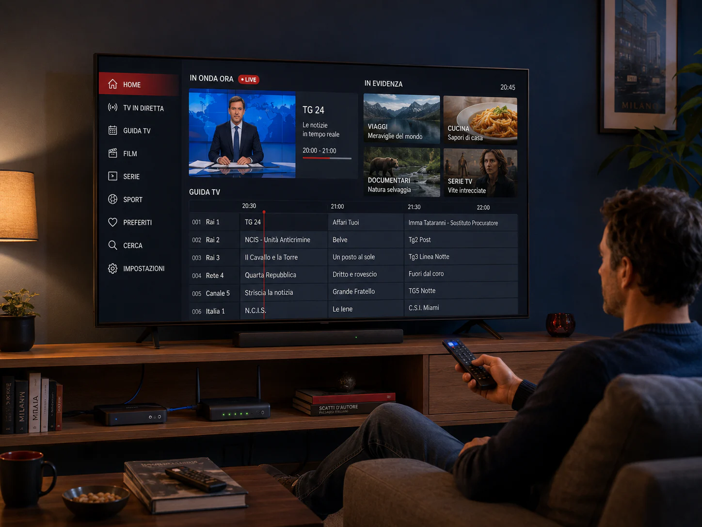 Piano IPTV Premium di sei mesi in uso su Smart TV con telecomando e configurazione domestica