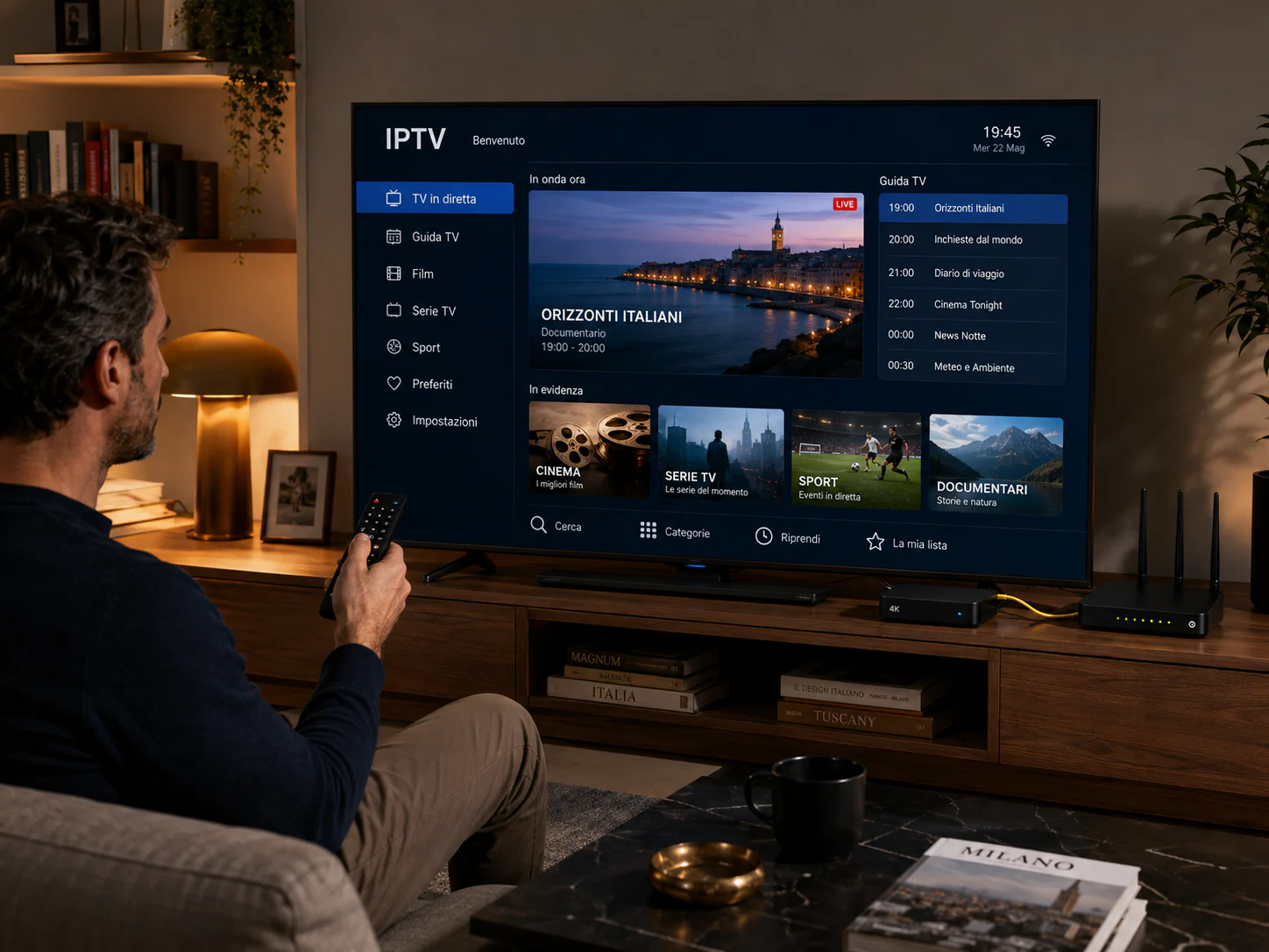 Piano IPTV VIP di un mese aperto su Smart TV in un ambiente domestico serale