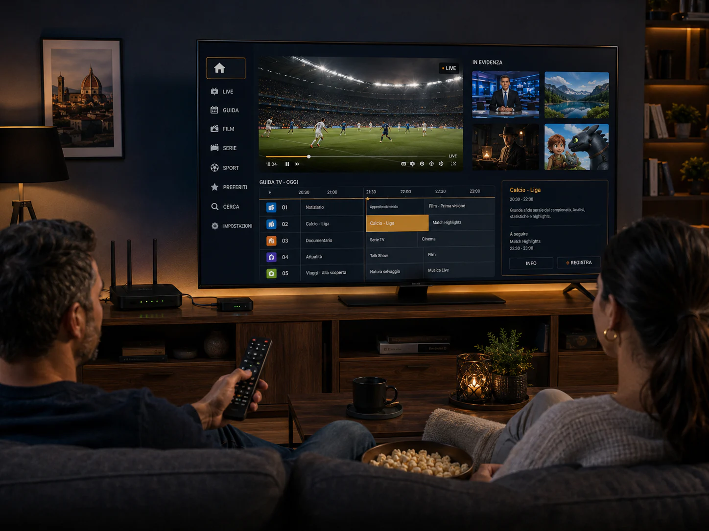 Famiglia che utilizza il piano IPTV VIP di dodici mesi su una grande Smart TV