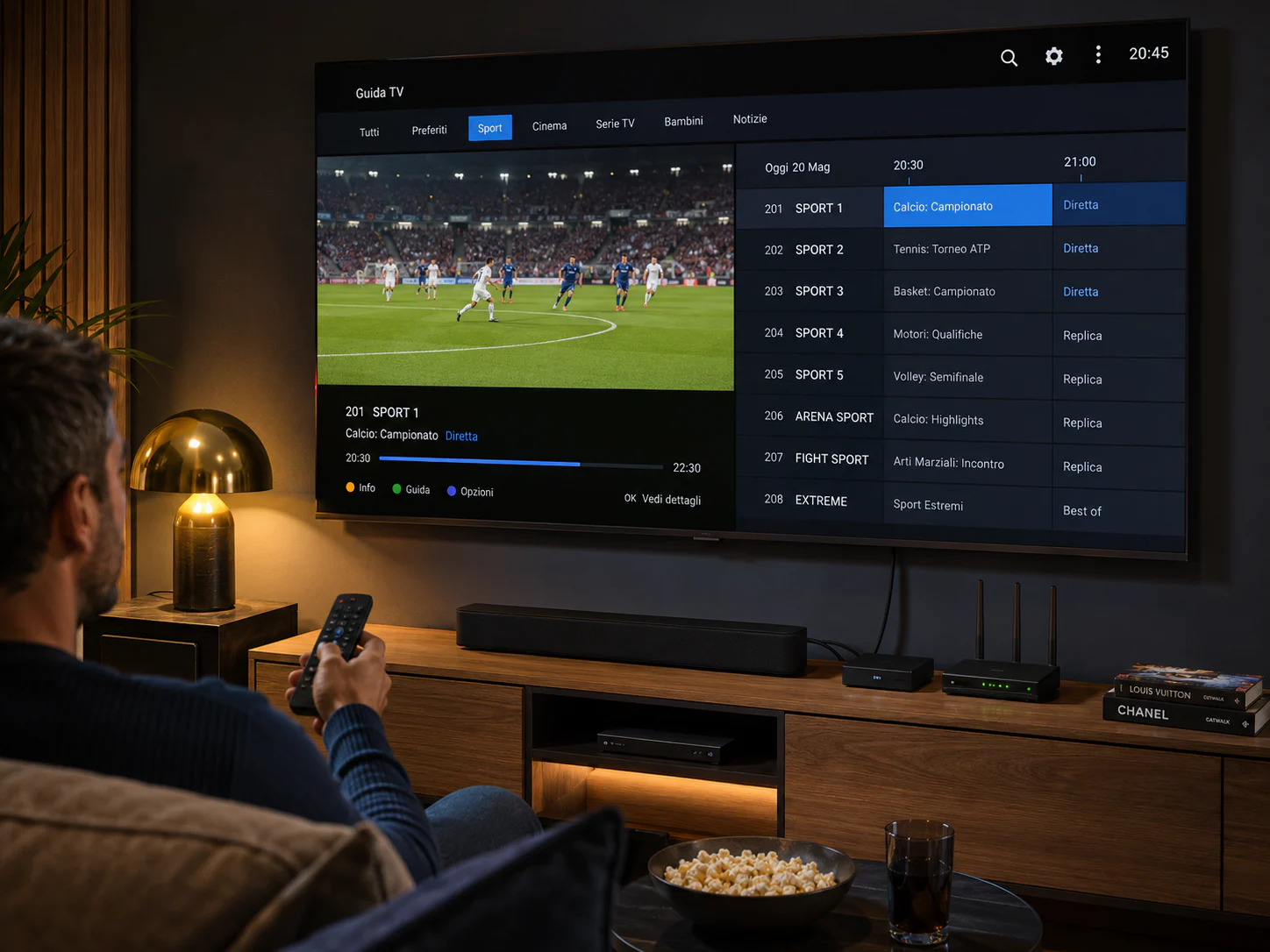 Piano IPTV VIP di tre mesi con contenuto sportivo, router e telecomando nel salotto di casa
