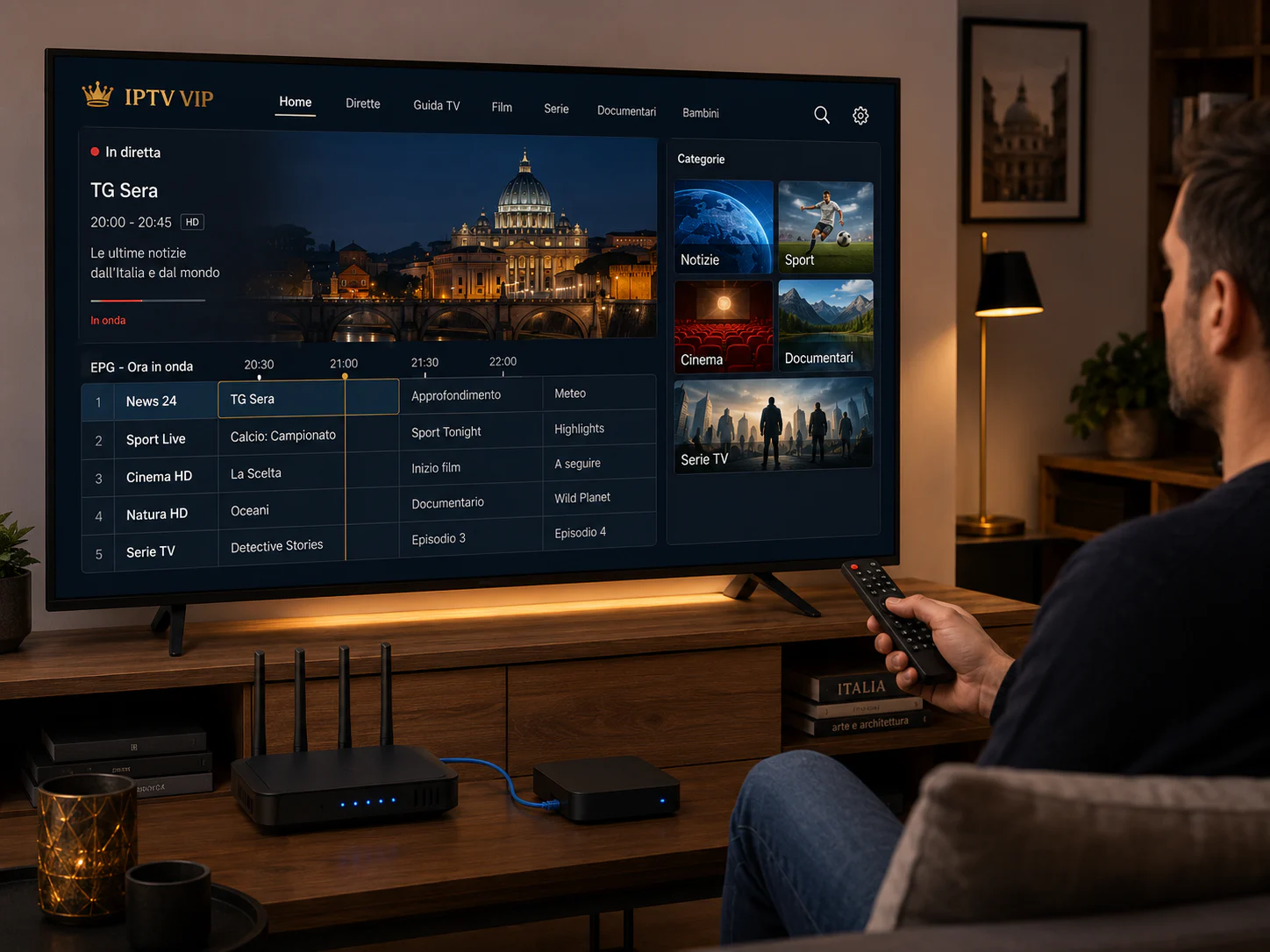 Piano IPTV VIP di sei mesi consultato su Smart TV con infrastruttura di rete domestica