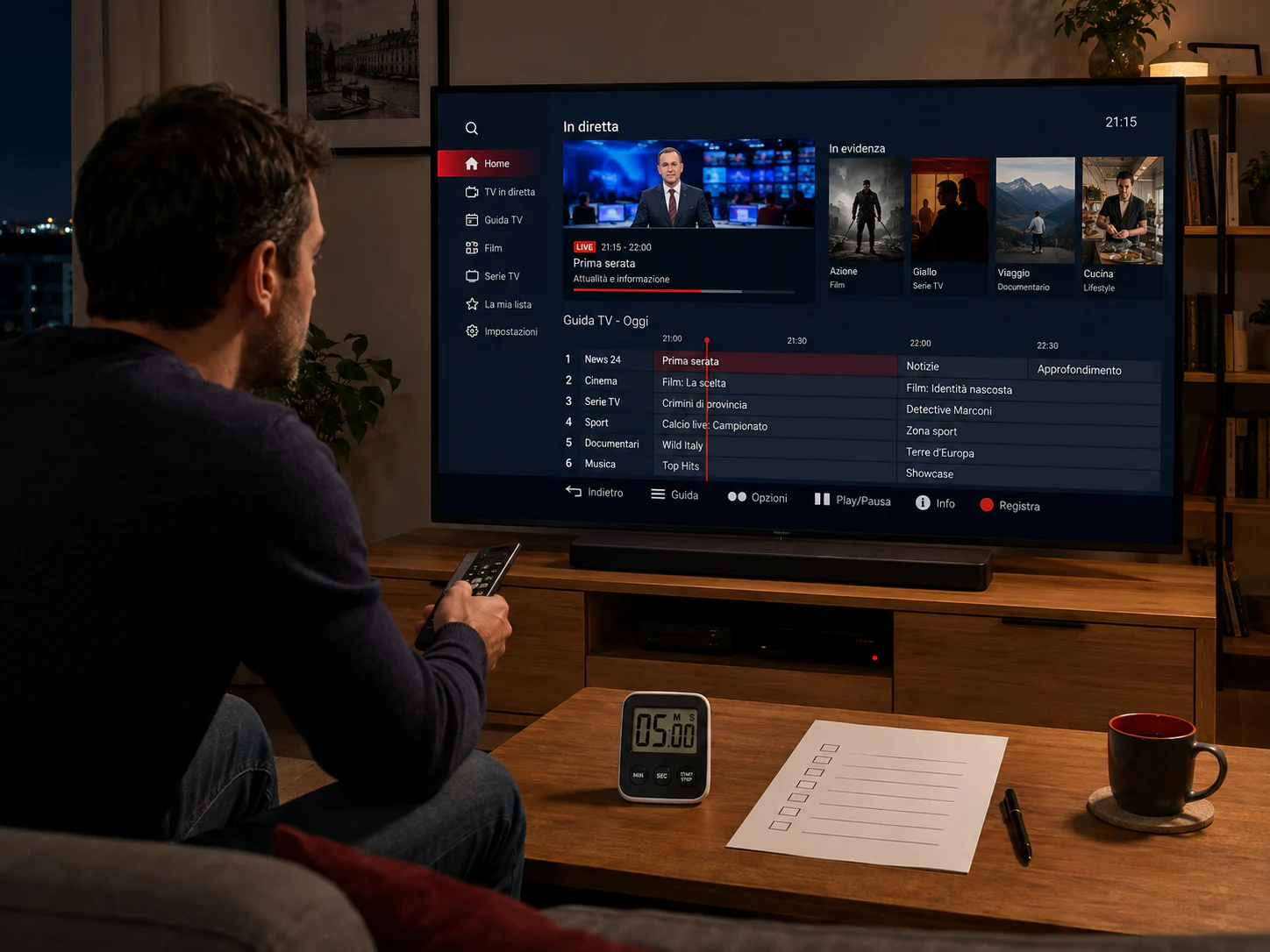 Prova IPTV Premium di due ore con Smart TV, telecomando, timer e checklist di verifica