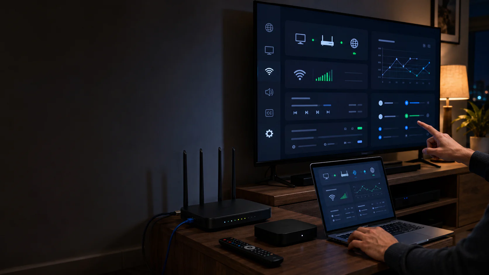 Assistenza tecnica IPTV con diagnostica di rete, Smart TV e tablet in un ambiente domestico