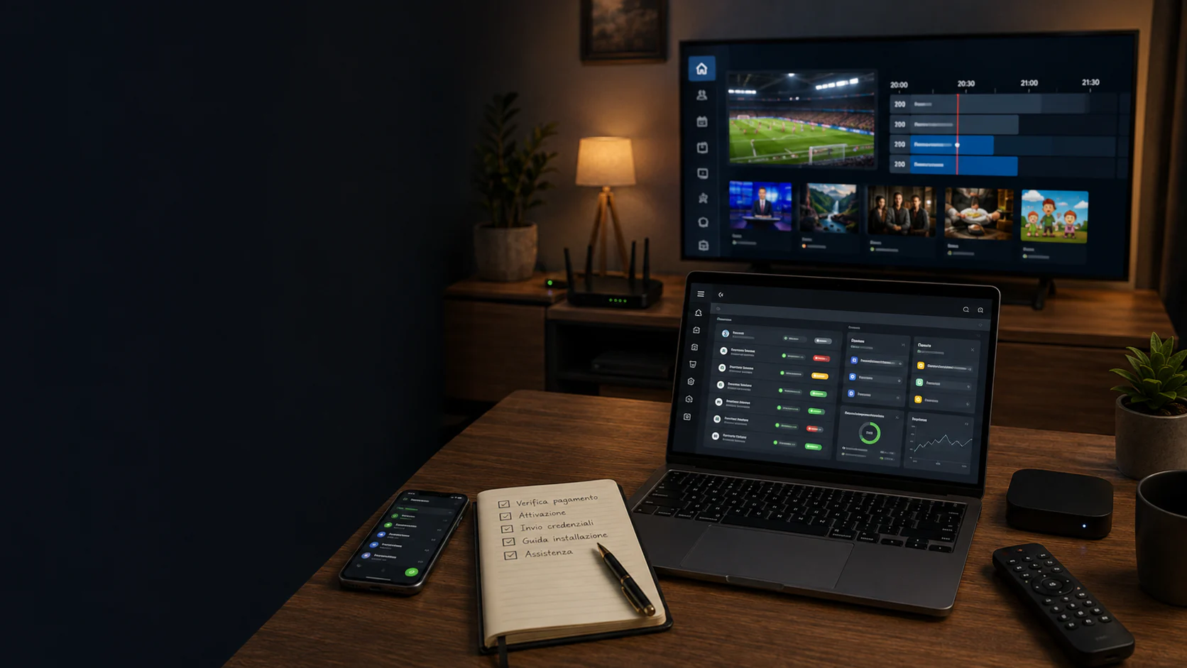 Postazione italiana dedicata alla verifica di piani IPTV con Smart TV, laptop e appunti