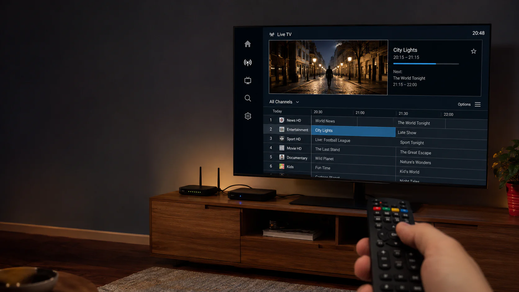 Smart TV con interfaccia IPTV, telecomando, router e dispositivi collegati nel salotto di casa