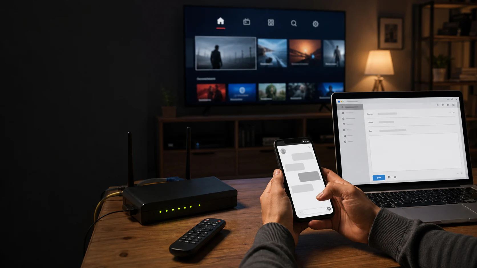 Richiesta di assistenza IPTV preparata su smartphone e laptop vicino alla configurazione domestica