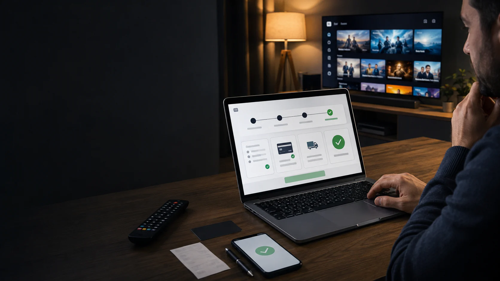 Riepilogo di pagamento digitale controllato su laptop e smartphone accanto a una Smart TV