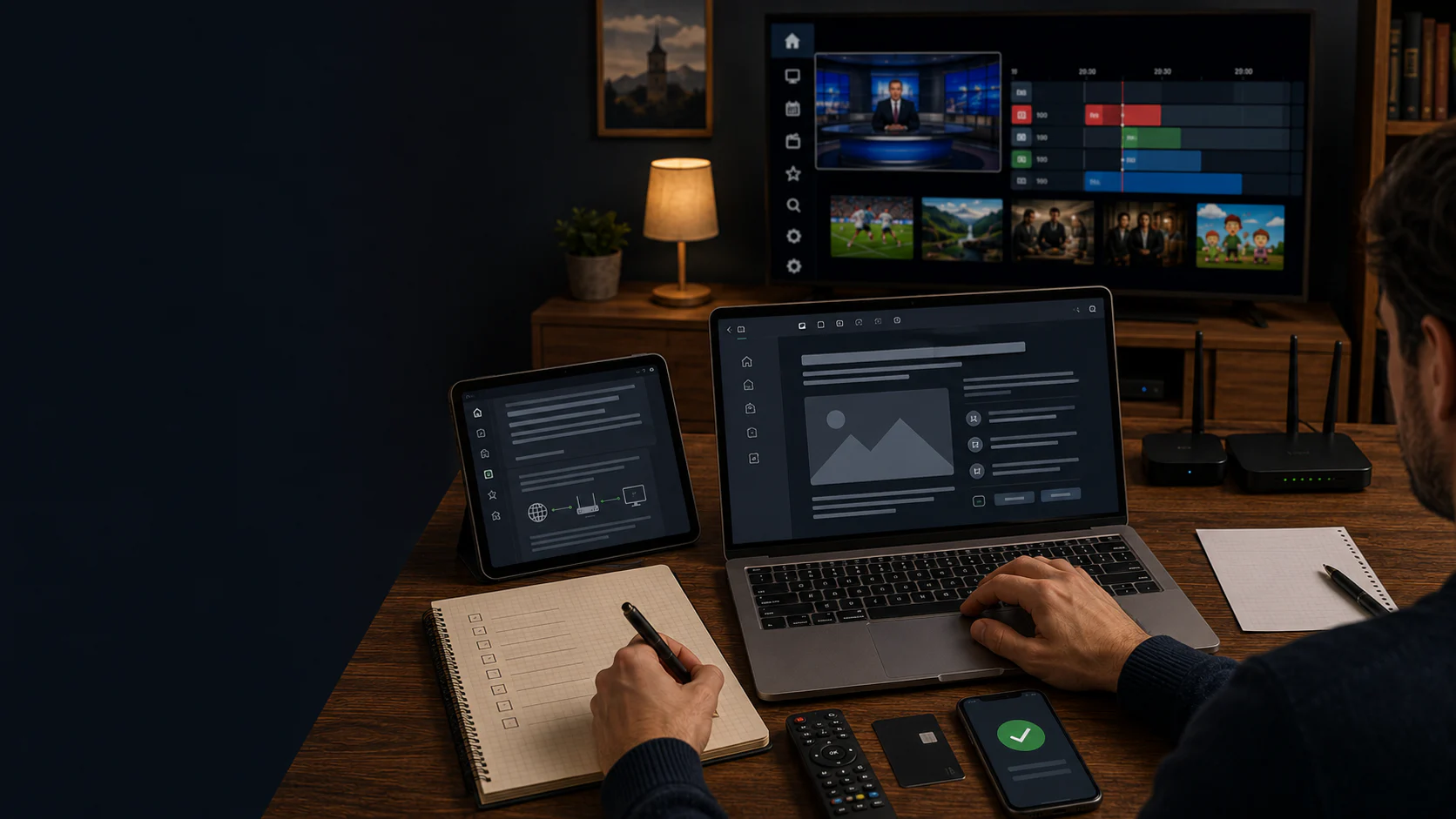 Revisione editoriale di una guida IPTV su laptop e tablet con appunti e Smart TV sullo sfondo