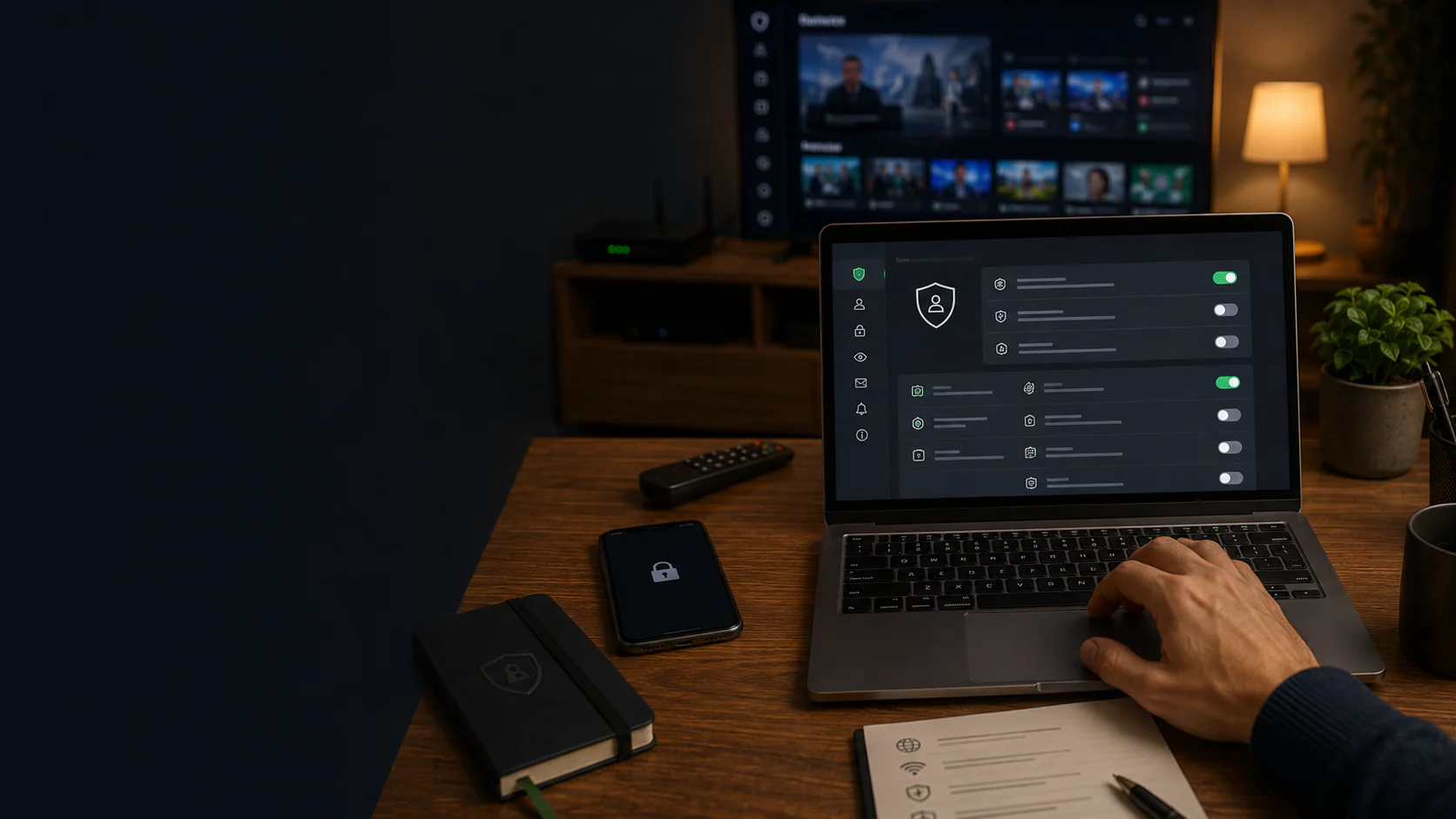 Impostazioni di privacy e sicurezza visualizzate su laptop accanto a una Smart TV con interfaccia IPTV