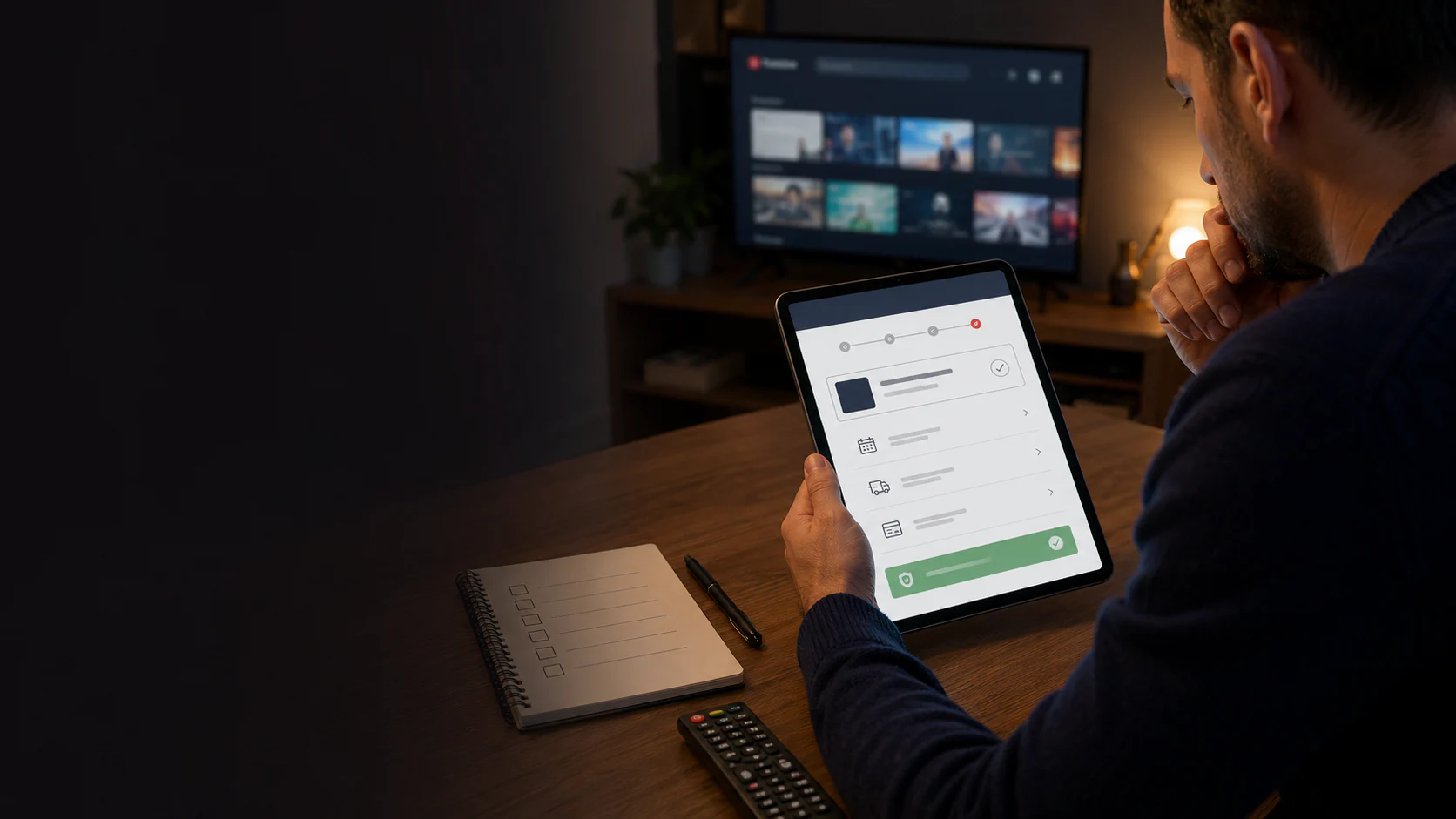 Cliente che consulta le condizioni di un servizio digitale su tablet in un salotto con Smart TV